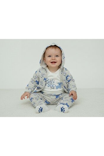atabay Dog Printed Hooded Cardigan Body Suit Bottom Top Set Gray