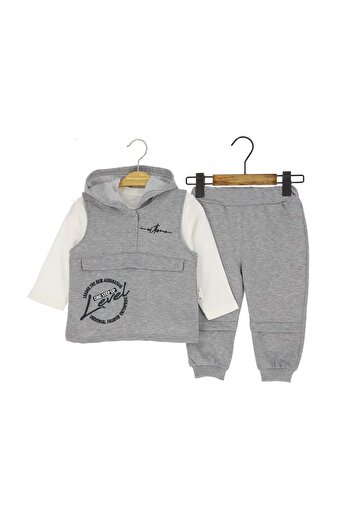 atabay Level Embroidered Hooded Two-Stringed Three-Part Bottom-Up Set Gray