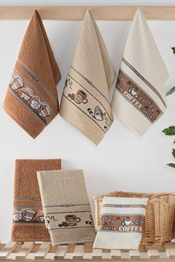 DNZGÜLCAN Coffee Patterned 6-Piece Kitchen Towel Set 30X50 cm |   100% Cotton Hand Towel, Drying Cloth