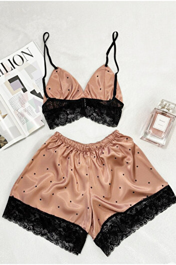 Siyah İnci Powder Patterned Satin Shorts Woven Pajama Set with Rope Straps