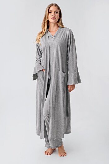 Artış Women's Long Sleeve Buttoned Stretchy Cotton Robe Pajama Set