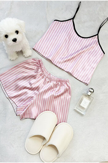 Siyah İnci Pink and White Striped Patterned Rope Strap Satin Shorts Woven Pajama Set