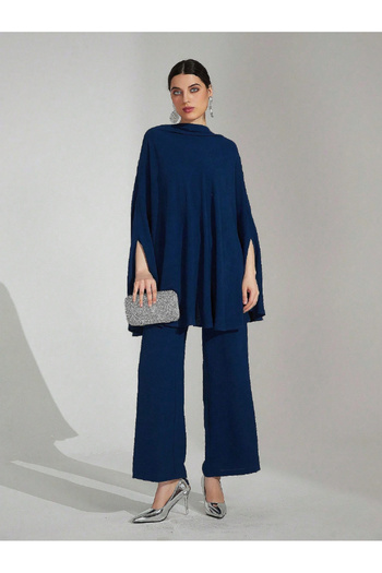 Take Two By Styli Navy Blue Knit Cape Top and Trousers Co-ords