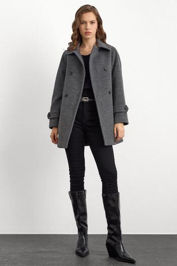 Olcay Reglan Sleeve Double Breasted Short Coat Dark Gray 3150