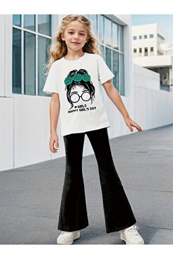 Take Two By Styli Girls Graphic Print T-Shirt and Flared Pants Set