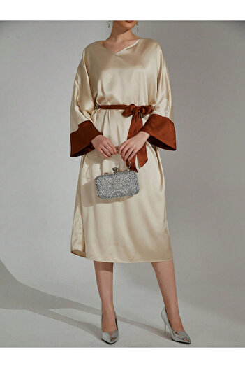 Take Two By Styli Beige Contrast Cuff Midi Dress with Tie Belt