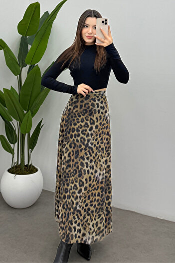 Bipantolon Fusta maxi din tul cu fermoar pentru femei, cu detaliu din spate leopard