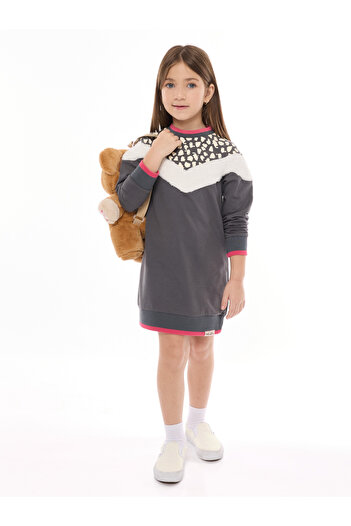 Victor and Jane By Styli Girls Grey Faux Fur Trim Sweatshirt Dress
