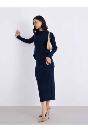 Styli Navy Ribbed Knit Sweater and Midi Skirt Co-Ords