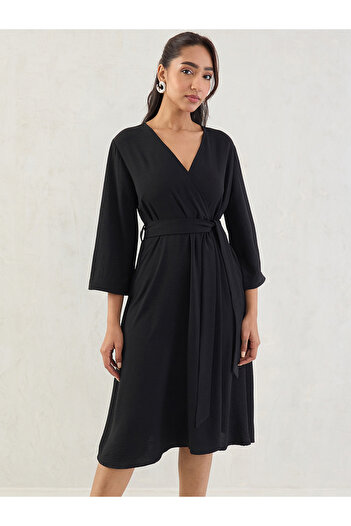 Styli Black Wrap Front Midi Dress with Tie Belt