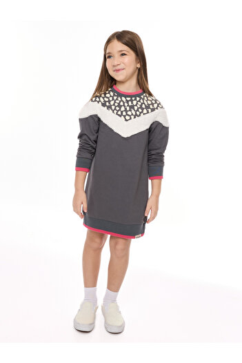 Victor and Jane By Styli Girls Grey Faux Fur Trim Sweatshirt Dress