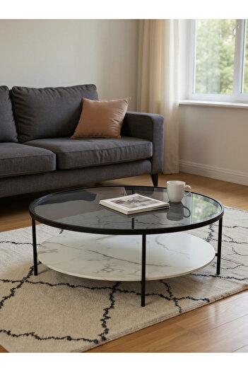 Living 2-tier table with glass and wood in a marble style, 45 * 70 cm
