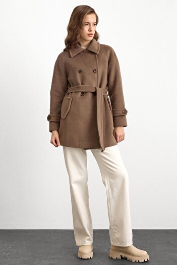 Olcay Reglan Sleeve Double Breasted Short Coat Mink 3150