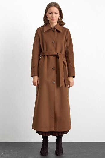 Olcay Shirt Collar Waist-Tied Long Coat Tütün 3152