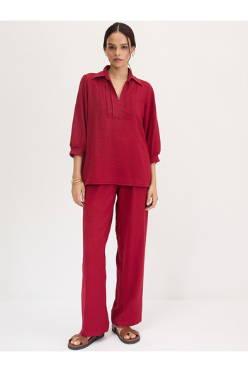 Femmella By Styli Maroon Collared Pintuck Detail Shirt and Pants Co-Ords