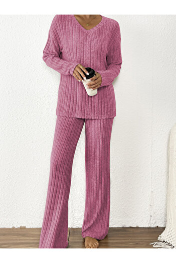 Take Two By Styli Pink Ribbed Knit V Neck T-Shirt and Pyjama Set