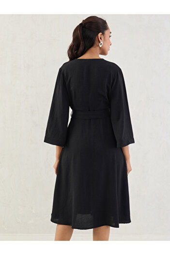 Styli Black Wrap Front Midi Dress with Tie Belt
