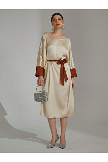 Take Two By Styli Beige Contrast Cuff Midi Dress with Tie Belt