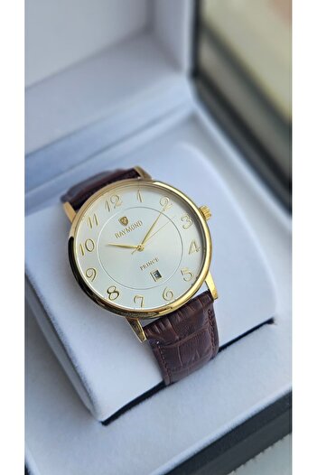 Raymond Rym-631820Mz2 Quartz Classic Men's Watch -Steel Case -Leather Strap -2 Years Warranty Gold-Brown-White