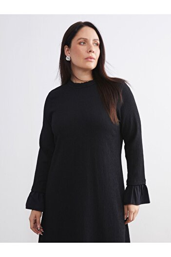LC Waikiki LCW Modest Büyük Beden Fırfırlı Dik Yaka Triko Elbise