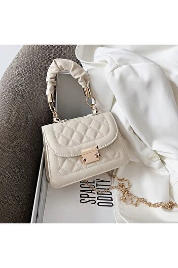 Sparkling Beauty Quilted Faux Leather Mini Handbag with Ruched Top Handle with Chain Strap