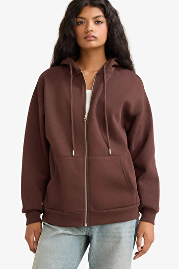 DeFacto V4233 Brown Oversize Wide Fit Hooded Zippered Sweatshirt