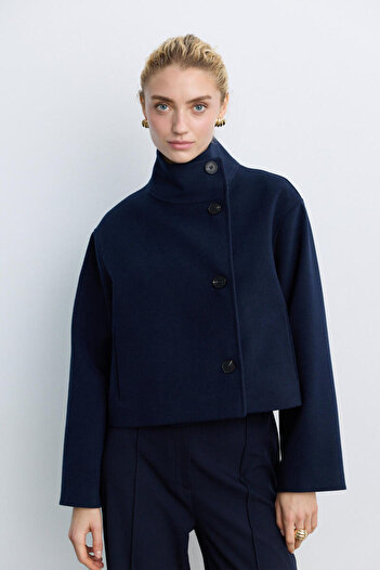 BE BLUE Dark Blue Stand-Up Collar Short Coat