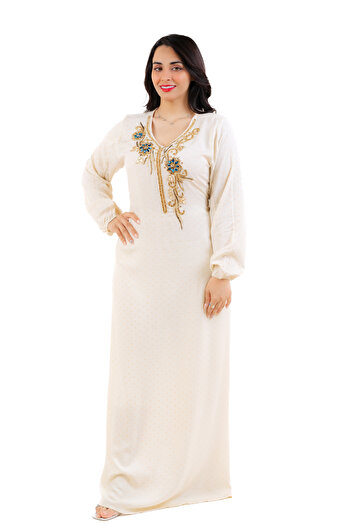 amaan Women's Modern Jalabiya Dress, Embroidered Gold Beaded Details, Polka Dots pattern Rayon Cotton