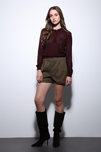 Antioch Burgundy Polo Neck Patterned Knitwear Women's Sweater