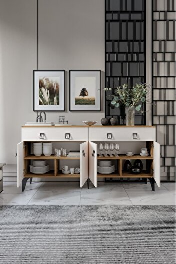 mapahomeliving Elara Konsol – 180 cm Aytaşı Ceviz,Metal Ayaklı 4 Kapaklı 2 Çekmeceli Modern Konsol