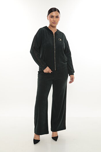EXİTLİNE Women's Winter Zippered Hooded Custom Emblem Comfortable Velvet Emerald Green Tracksuit Set