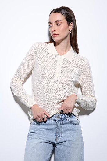 Antioch Ecru Polo Neck Patterned Knitwear Women's Sweater