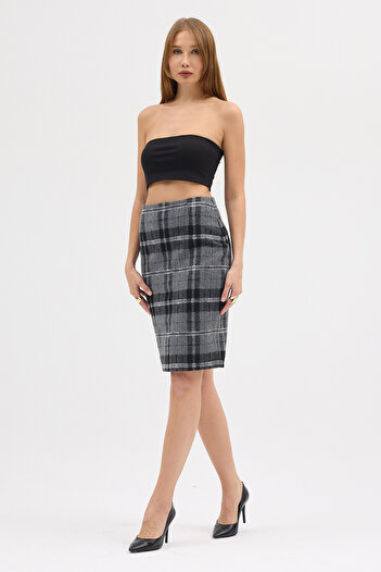 Laranor Desen1 Gray Cotton Plaid Fabric Zippered Pencil Skirt Daytime - Evening Chic 25L8142