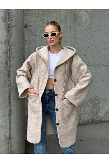 Tubik Women's Hooded Button Closure Long Boucle Coat