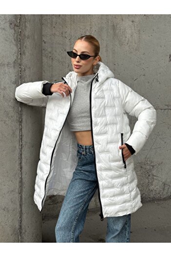 AGORATEKSTİL Women's Hooded Zippered Puffer Coat