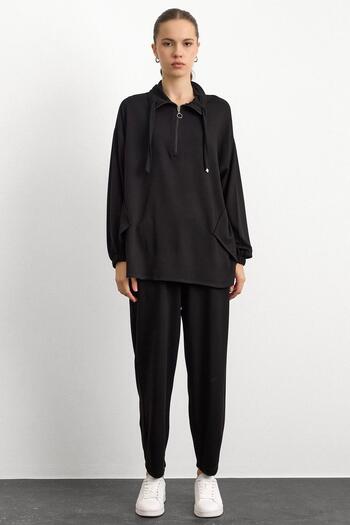 Olcay Knitted Sweat Suit with Zipper and Cup Detail Black 9385-Tk