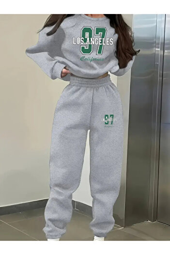 AEMİ Women's 97 Los Angeles Printed Crew Neck Sweatshirt and Jogger Sweatpants - Bottom Top Set