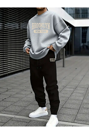 AEMİ Unisex Brooklyn Printed Crew Neck Sweatshirt and Jogger Sweatpants - Top and Bottom Set
