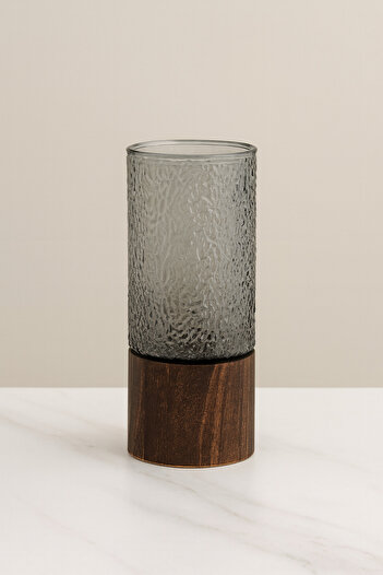 Karma Home Decorative Vase with Frosted Glass and Wooden Base – Stylish Design for Modern Home Decoration
