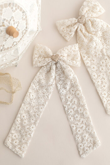 chipiques Mini Cicek Embroidered Ecru Lace Tulle Tail Long Ballerina Clip Buckle