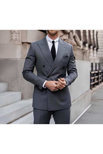 ilayda emir Special Design Double Breasted Men's Suit Gray