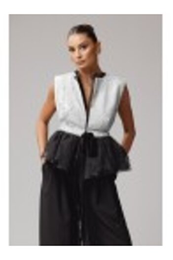 conceptAtrois Short White Sequin Vest with Tulle and Black Lace