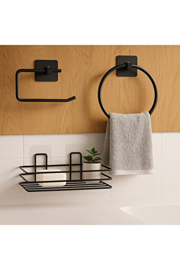 KILINÇ STORE Adhesive Black 3-Piece Set Bathroom Organizer Shampoo Holder Toilet Paper Holder and Towel Rack
