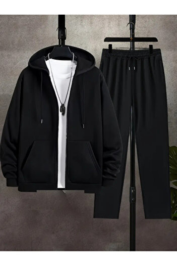 AEMİ Unisex Zippered Black Oversize Hooded Top and Bottom Set Tracksuit