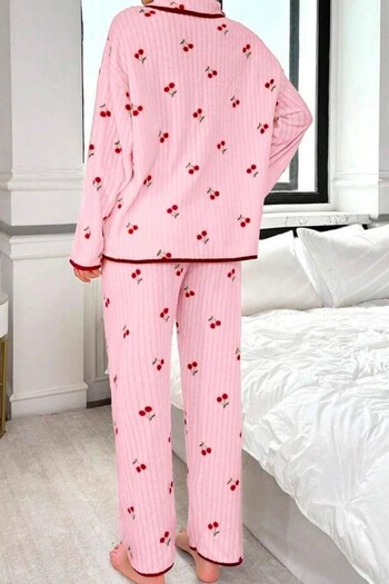 BELLA NOTTE Pamuklu Kiraz Baskılı Biyeli Kışlık Pijama Takımı