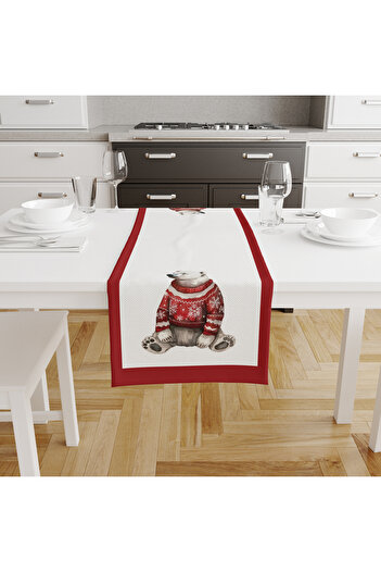 ASDİVA Christmas Themed Polar Bear Patterned Red Detailed Runner White 45X140