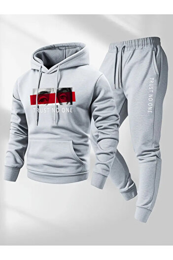 AEMİ Unisex Trust No One Printed Hoodie and Jogger Sweatpants - Top and Bottom Set