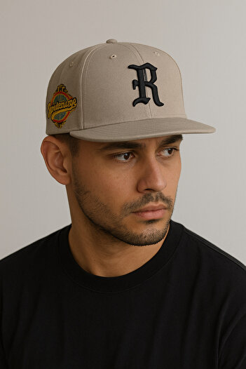 HatClub Exclusive R Letter Gothic Embroidered Beige Color Adjustable Cotton Men's Hip Hop Hat from the Back