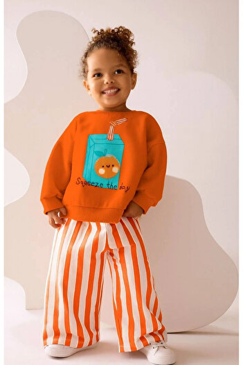 Kidmark Çocuk Modası Girl's Striped Wide Leg Orange 100% Cotton Top and Bottom Set