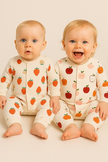 dinamik çocuk Baby Rompers Set of 2 - (2 Rompers) Apple Strawberry Printed Snap Fastener Romper Set 100% Cotton 1-3-6 Months